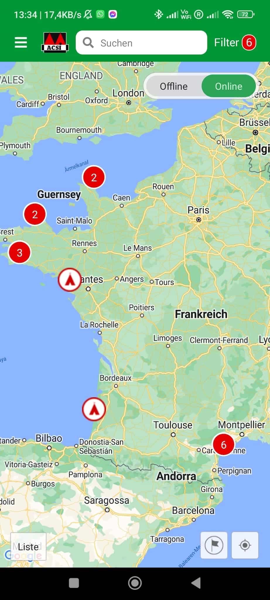 acsi camping app suchfilter auswahl